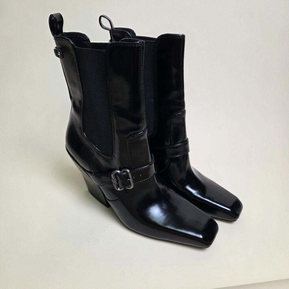 Sam Edelman Suzette Booties Black Buckle Square Toe Block Heel 7.5